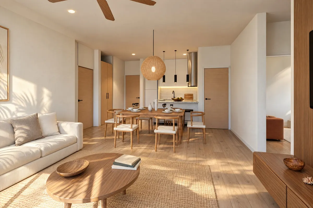 Living room and kitchen, Lilly apartment, Ocean Tree Residences, Sosúa