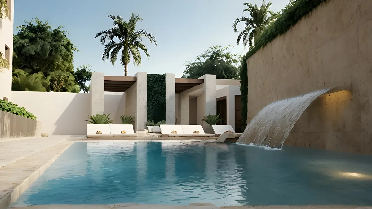 Pool terrace with waterfall
